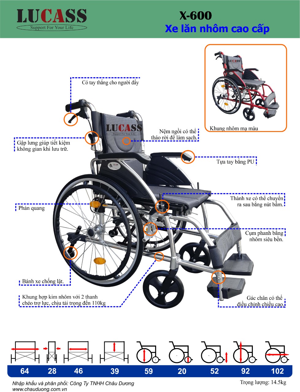 Xe lăn nhôm cao cấp bánh căm Lucass X-600 (có thắng)