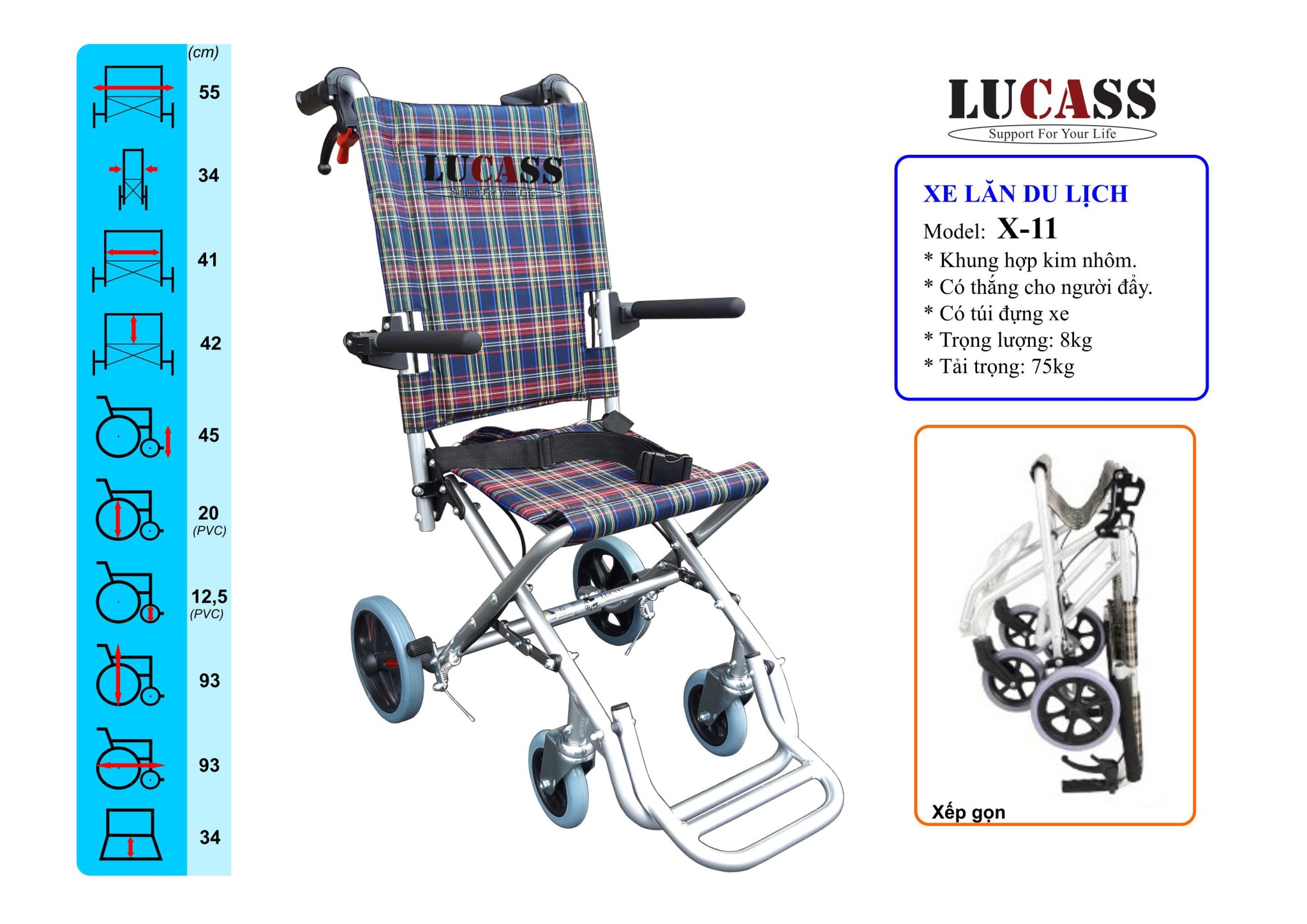 Xe lăn nhôm gắp bánh nhỏ Lucass X-11