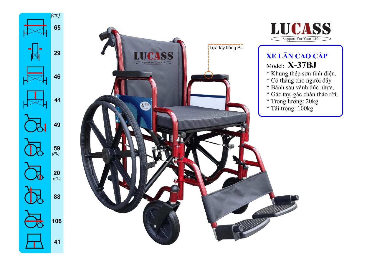 Xe lăn vải bố nệm rời bánh mâm Lucass X-37BJ (thắng tay, gác chân rời)
