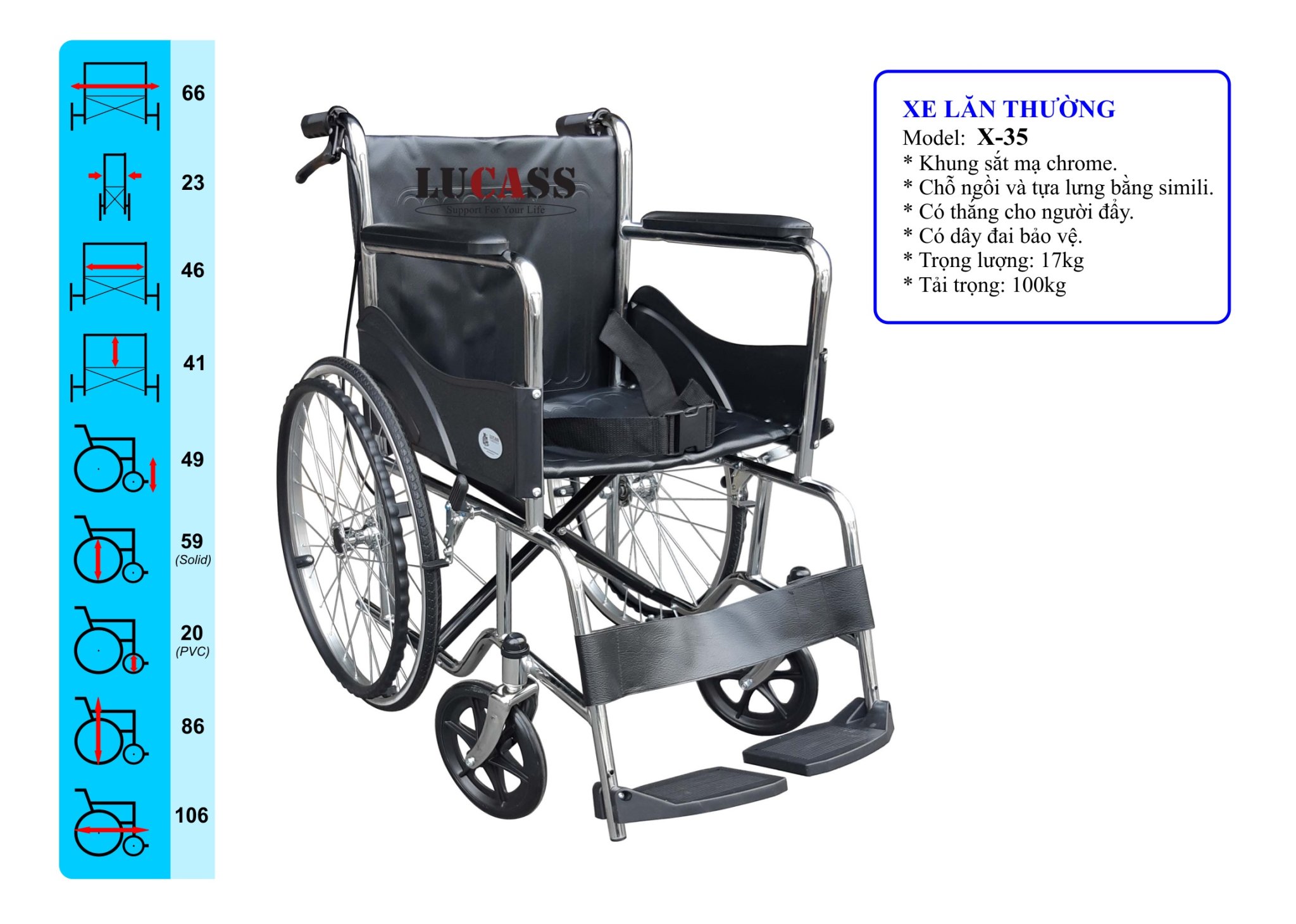 Xe lăn bánh căm Lucass X-35 (thắng tay, gác chân nhựa)