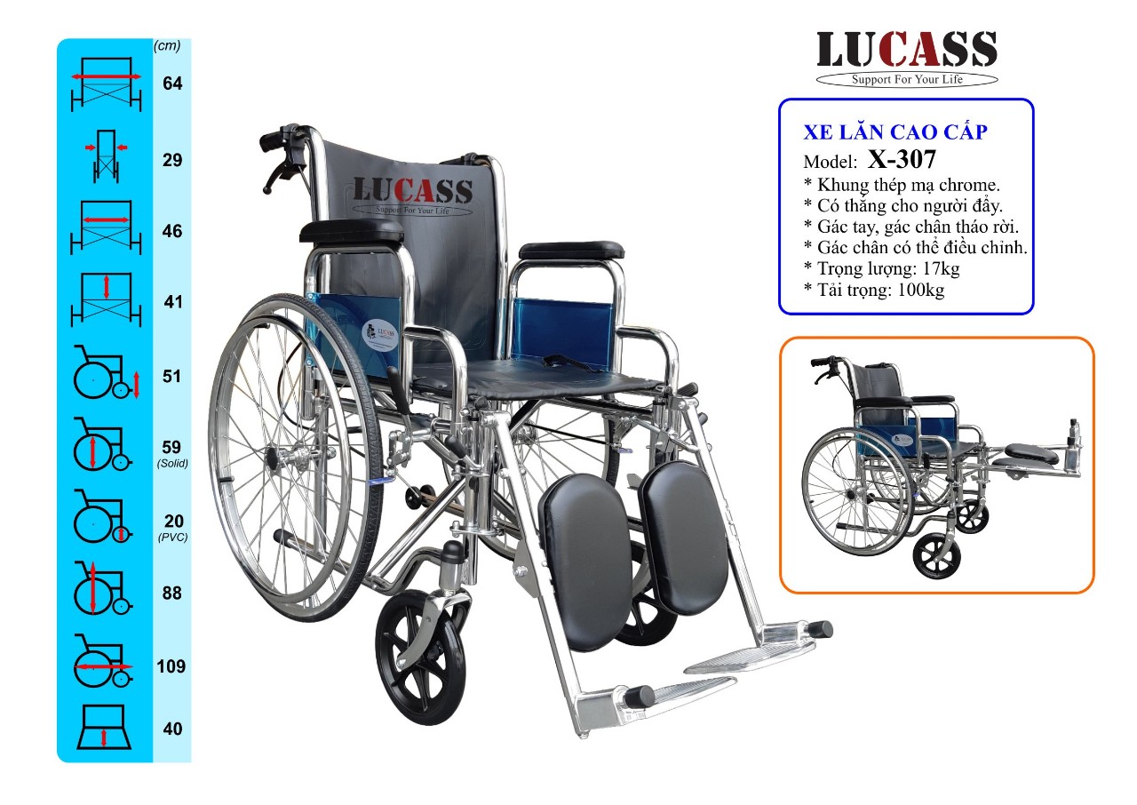 Xe lăn vải simili bánh căm X-307 (thắng tay, gác chân rời)